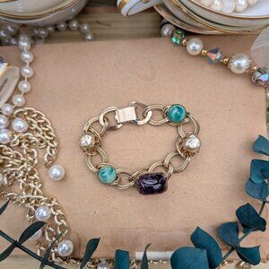 Vintage Mid-Century Gold Tone Chain Bracelet with Multi-Colored Stones